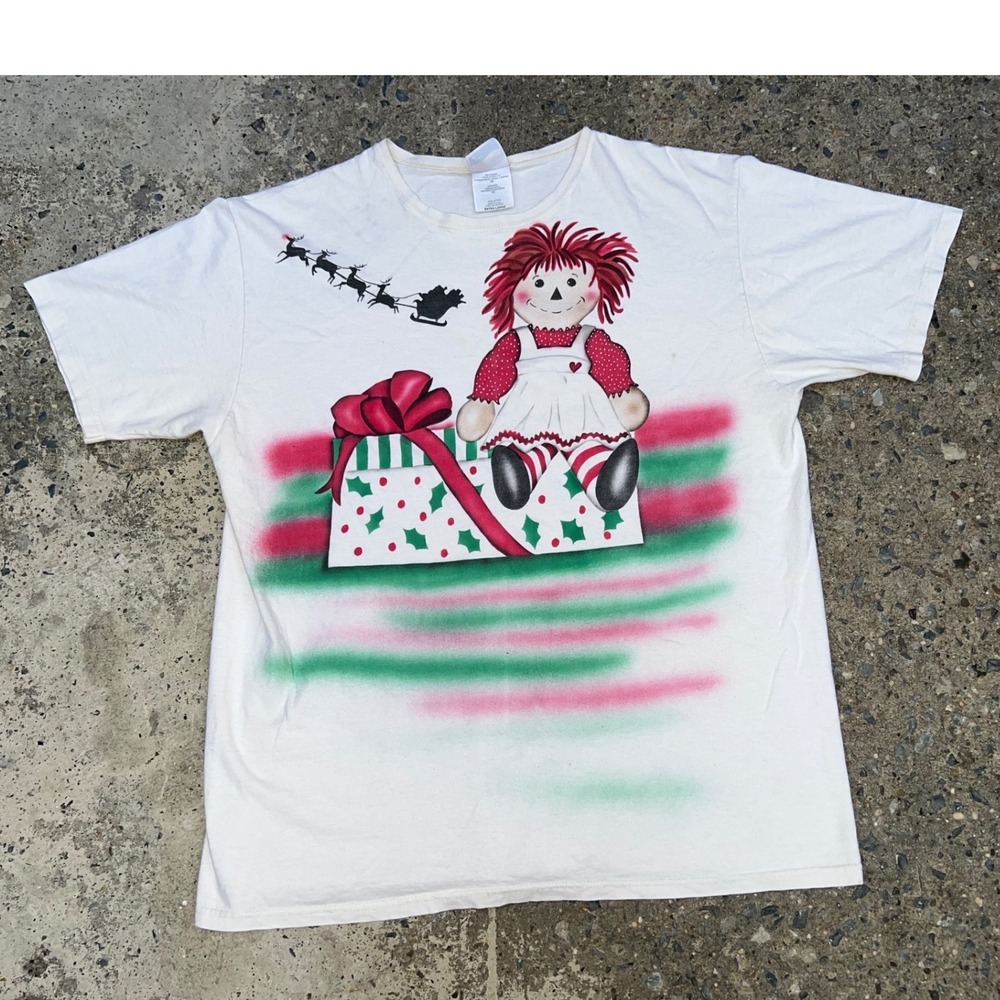 Vintage Hanes Christmas Shirt XL Airbrush Raggedy Ann Santa Doll AOP